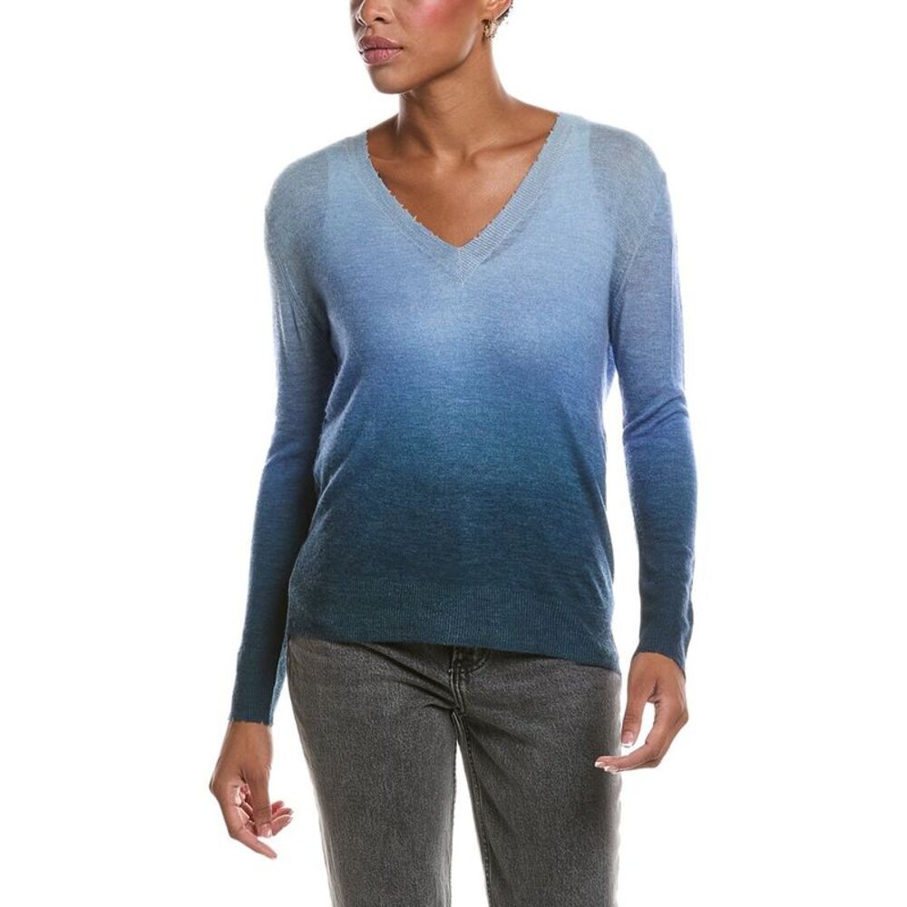 Autumn Cashmere Womens Ombre Print Distressed Edge V-Neck 100% Cashmere